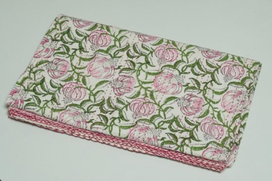 Handmade pink floral block print Kantha quilt on white cotton fabric