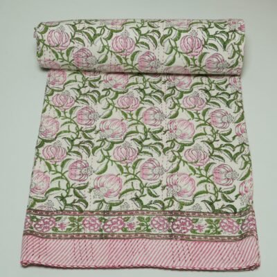 Handmade pink floral block print Kantha quilt on white cotton fabric