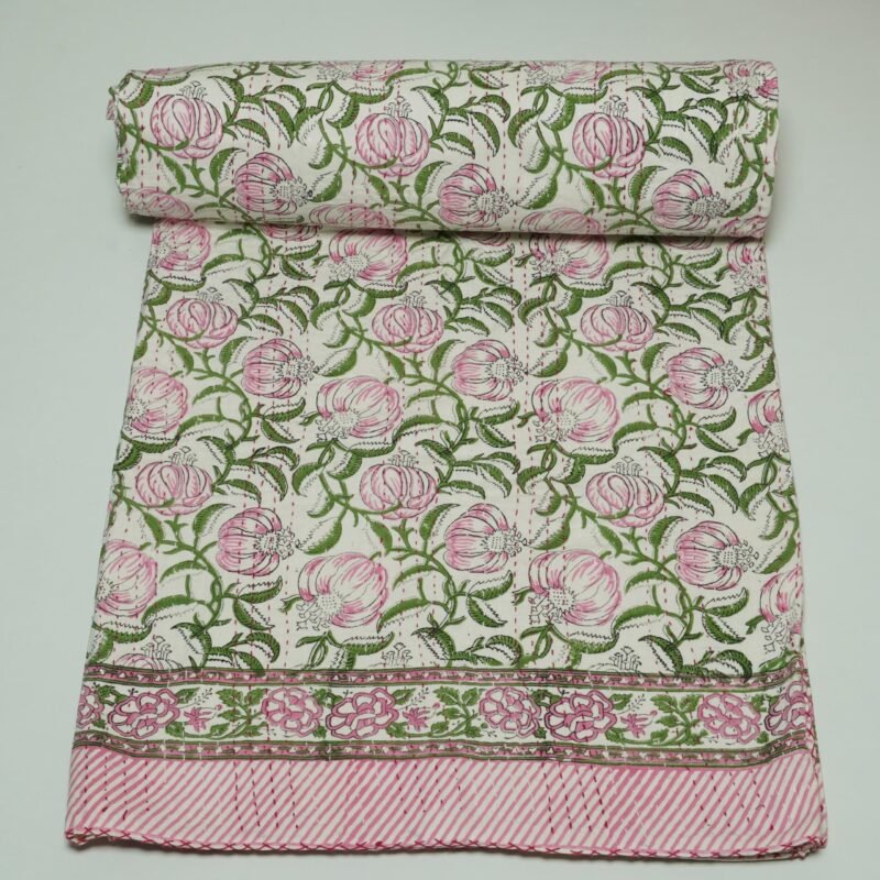 Handmade pink floral block print Kantha quilt on white cotton fabric