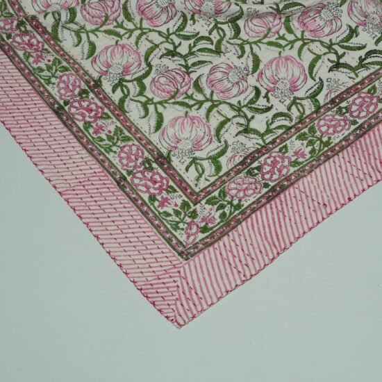 Handmade pink floral block print Kantha quilt on white cotton fabric