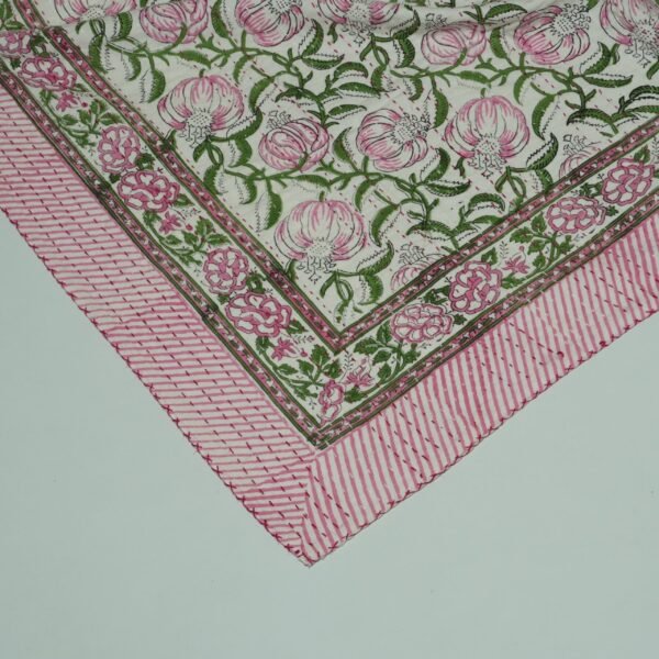 Handmade pink floral block print Kantha quilt on white cotton fabric