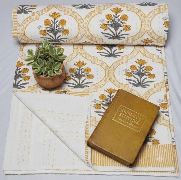 Mustard Floral Block Print Pure Kantha Quilt Cotton Bedspread