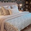 Green Floral Block Print Hand made Indian Kantha Quilt Cotton Bedspread Throw