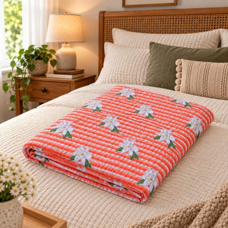 Pink Block Print Kantha Quilt Handmade Cotton Bedspread Throw Blanket Decor