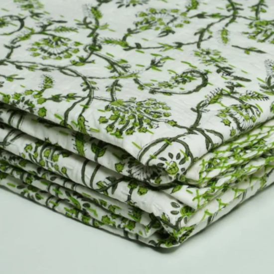 Green Floral Block Print Handmade Indian Kantha Quilt