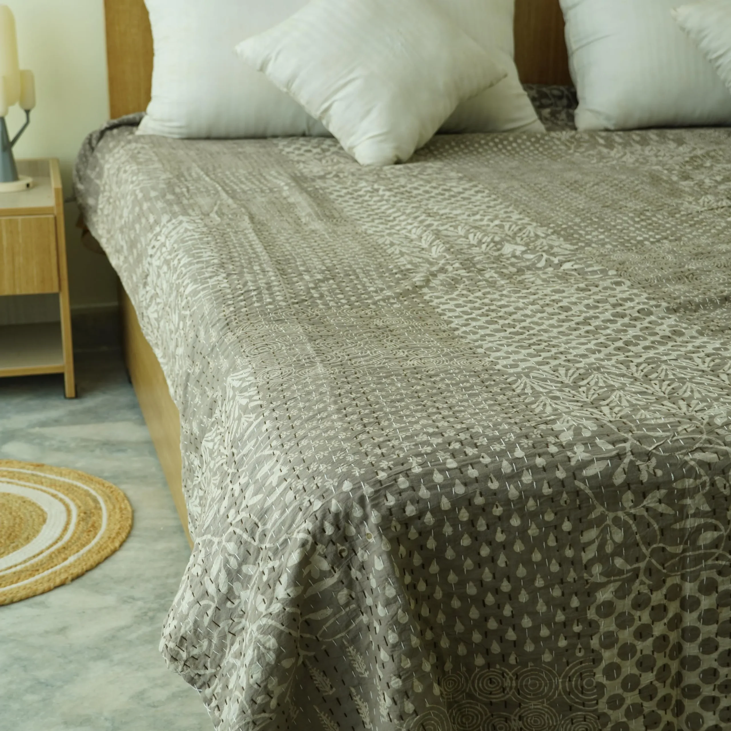 Grey Block Print Kantha Quilt Handmade Cotton Bedspread Throw Blanket Decor