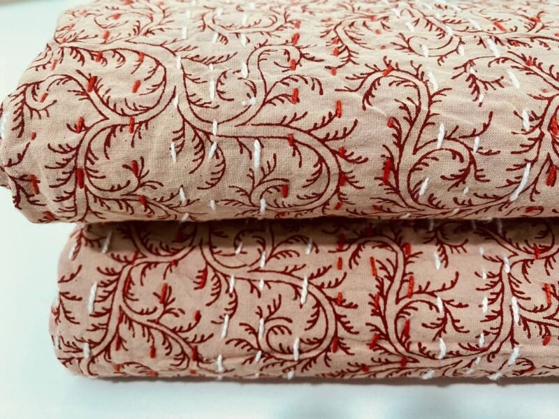 Mustard Block Print Indian Kantha Quilt Cotton Floral Bedspread Throw Decor