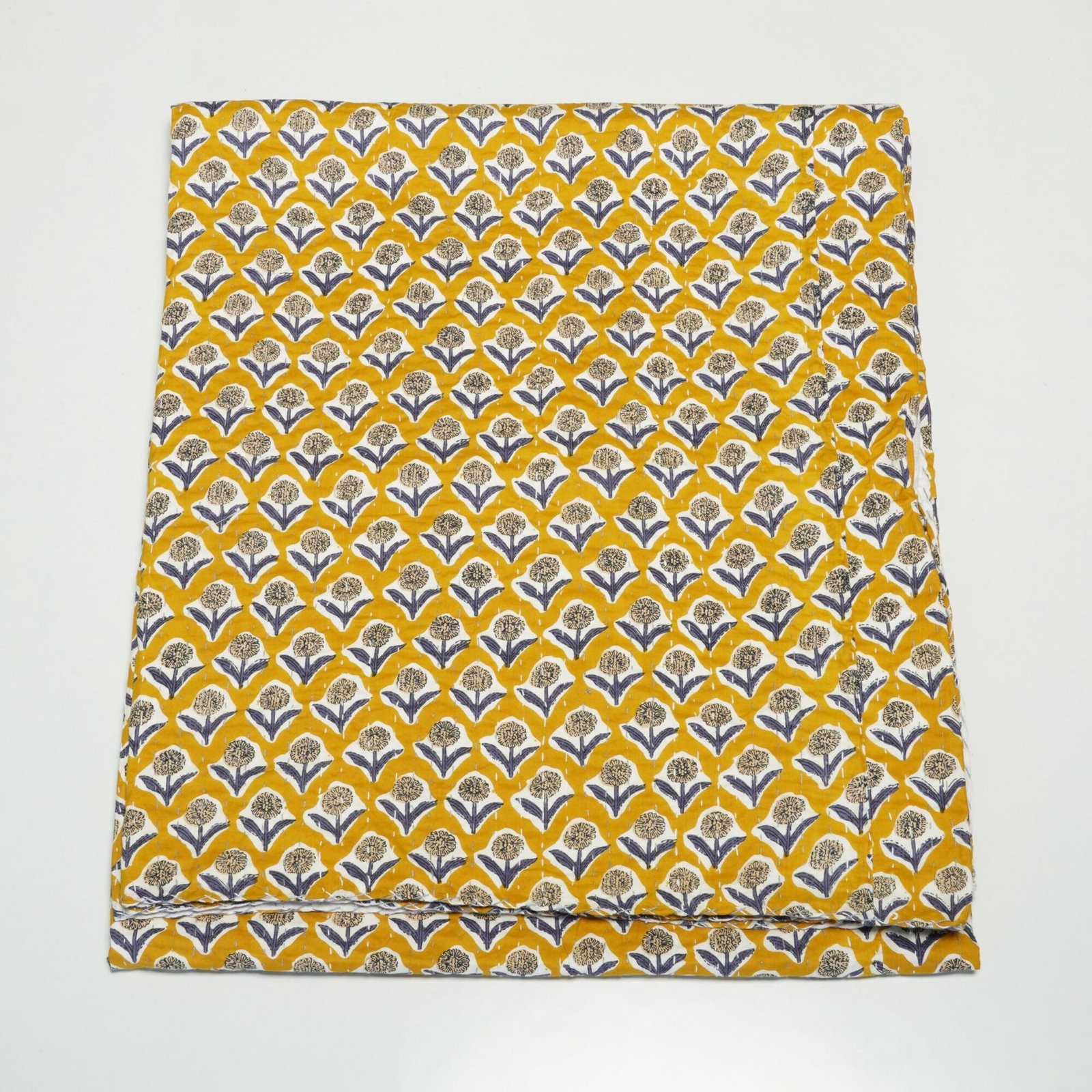 Mustard Block Print Indian Kantha Quilt Cotton Floral Bedspread Throw Decor