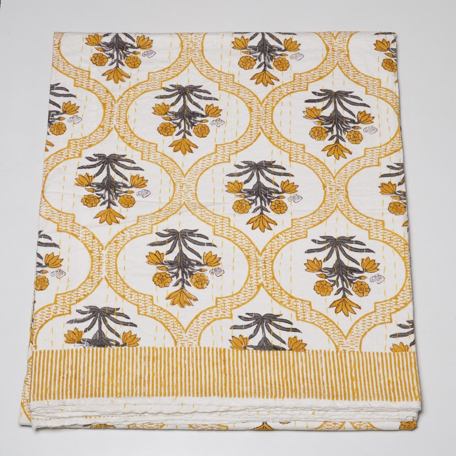 Mustard Floral Block Print Pure Kantha Quilt Cotton Bedspread Throw Decor