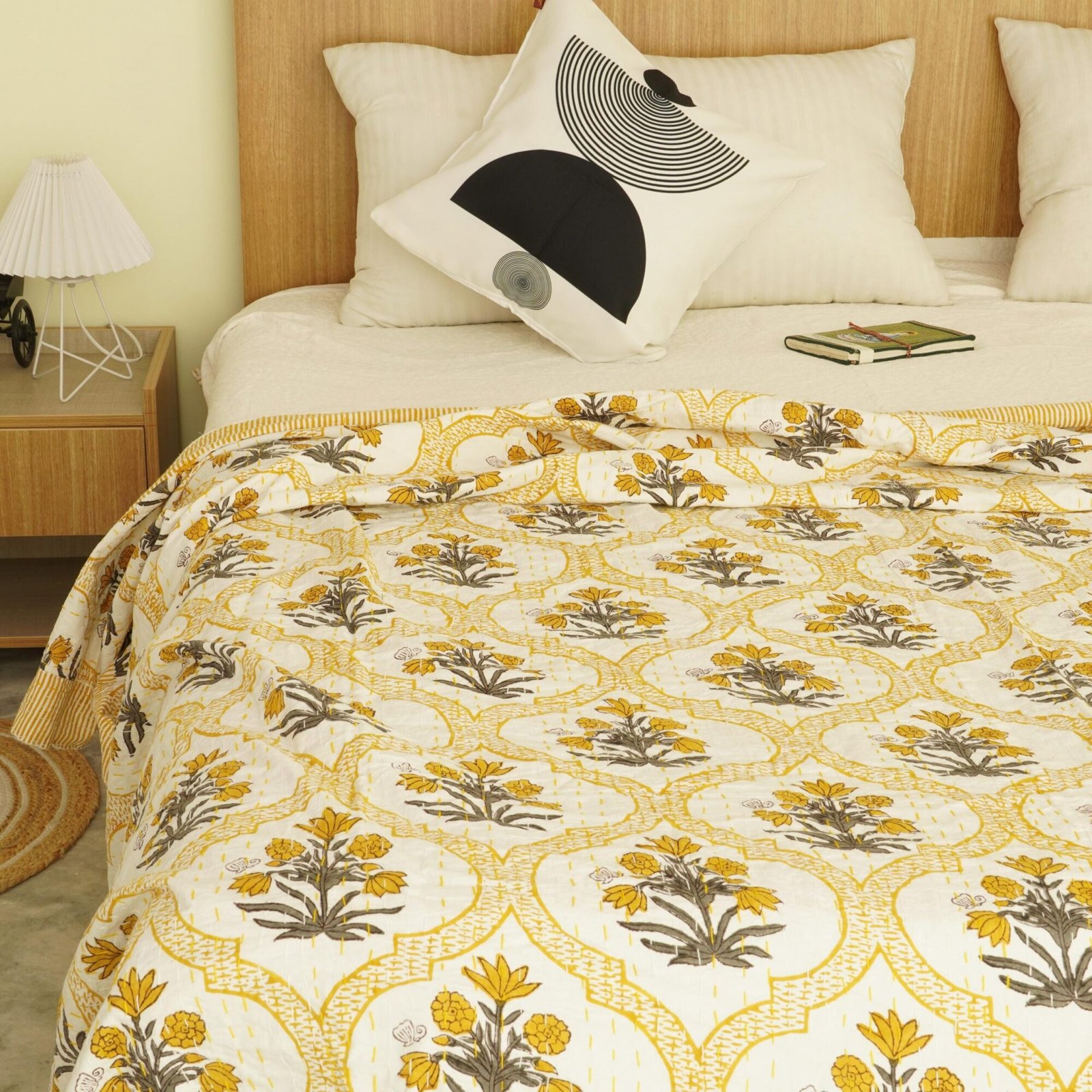 Mustard Floral Block Print Pure Kantha Quilt Cotton Bedspread Throw Decor