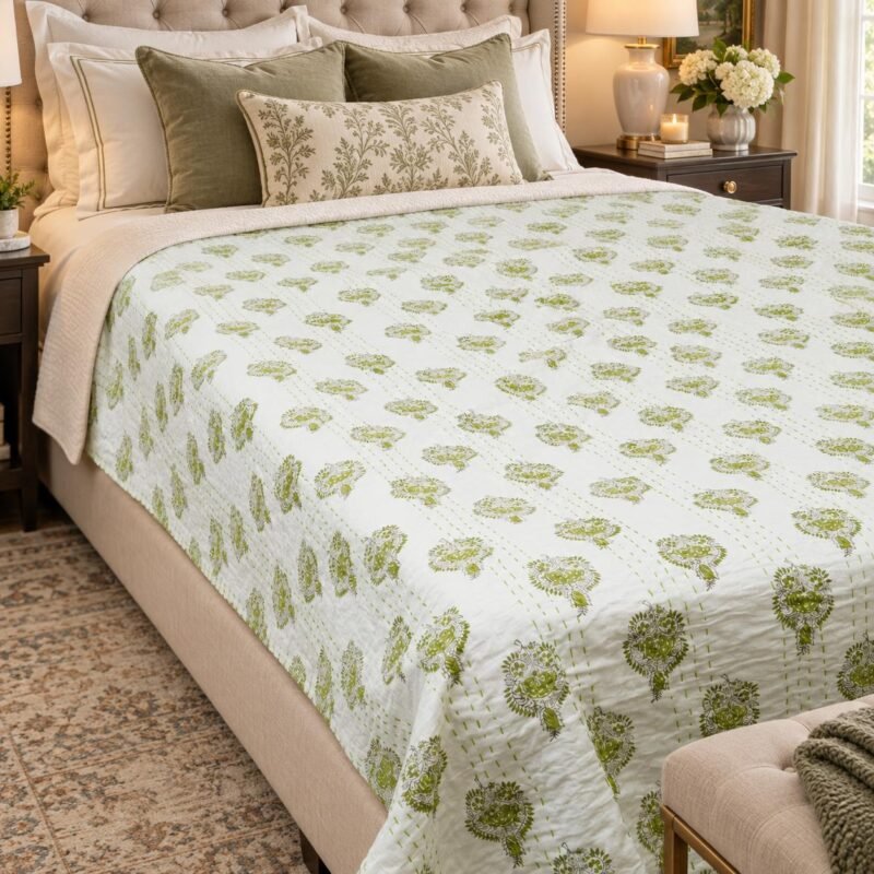 Kantha Blanket, Green Floral Block Print Handmade Pure Cotton Bedspread