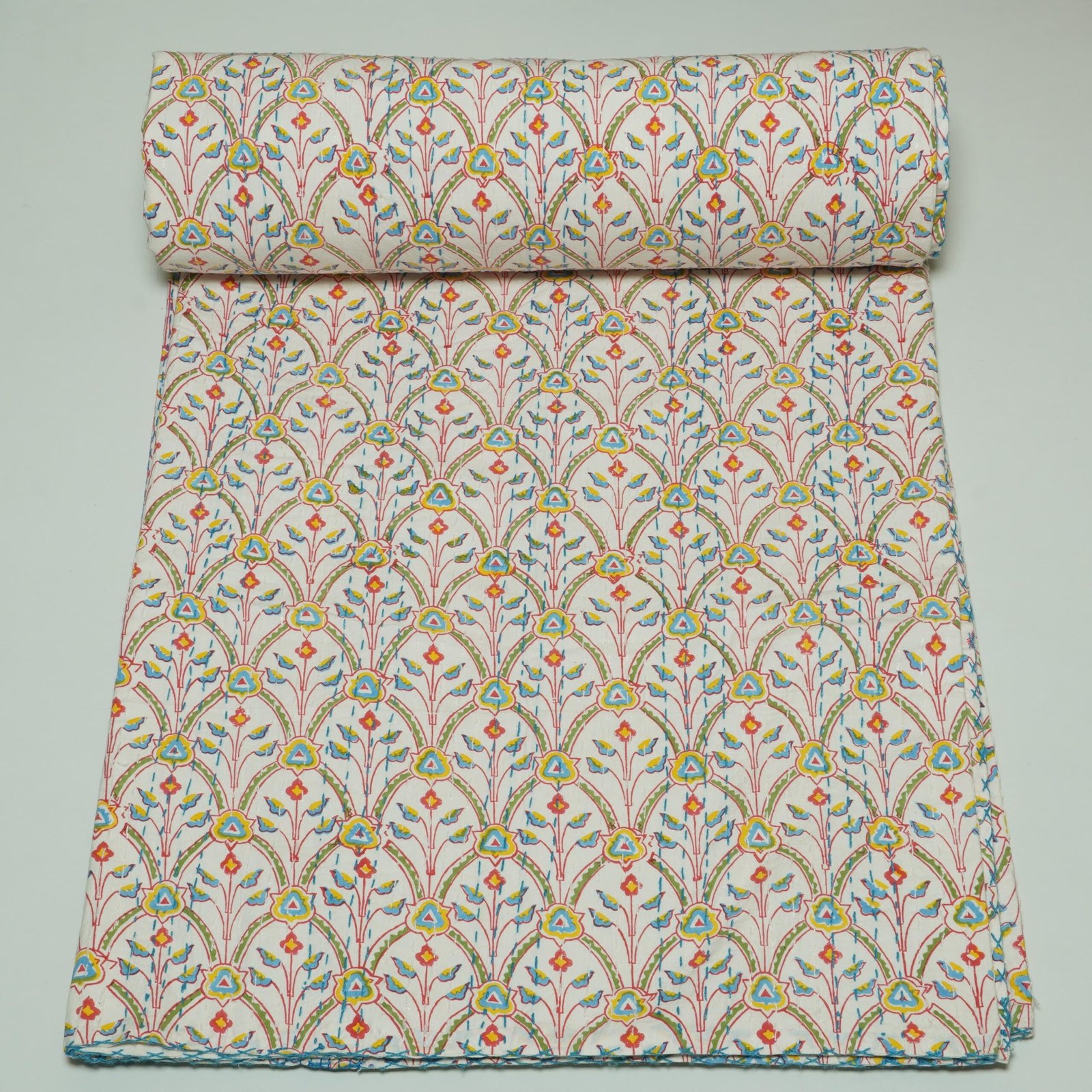 Multicolor Floral Block Print Kantha Fabric – Handmade Cotton Quilt Material