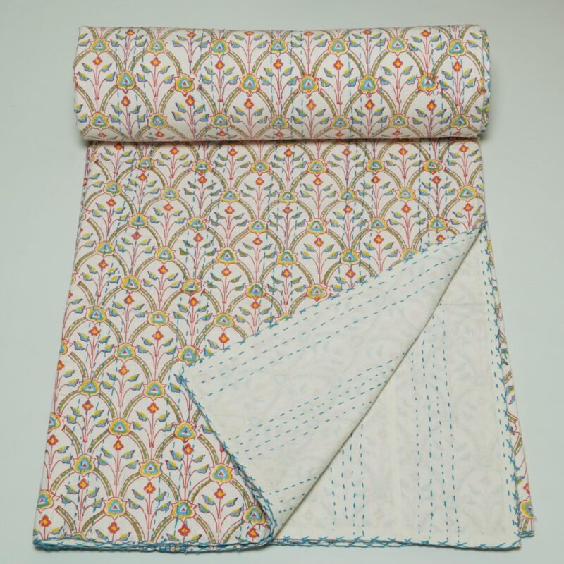 Multicolor Floral Block Print Kantha Fabric – Handmade Cotton Quilt Material