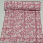 Pink Floral Block Print Kantha Quilt – Handmade Cotton Bedspread omradecor