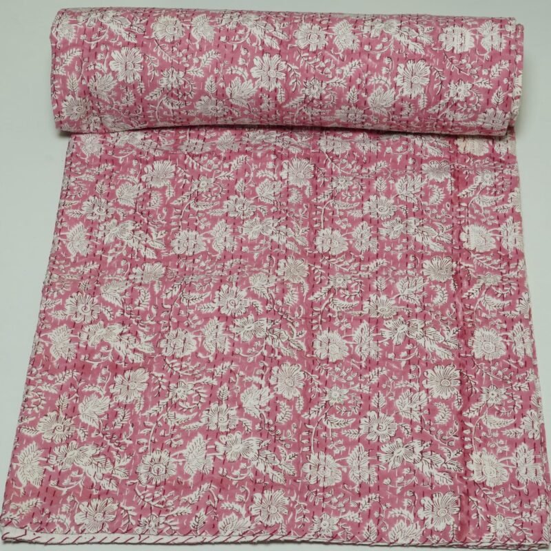 Pink Floral Block Print Kantha Quilt – Handmade Cotton Bedspread omradecor