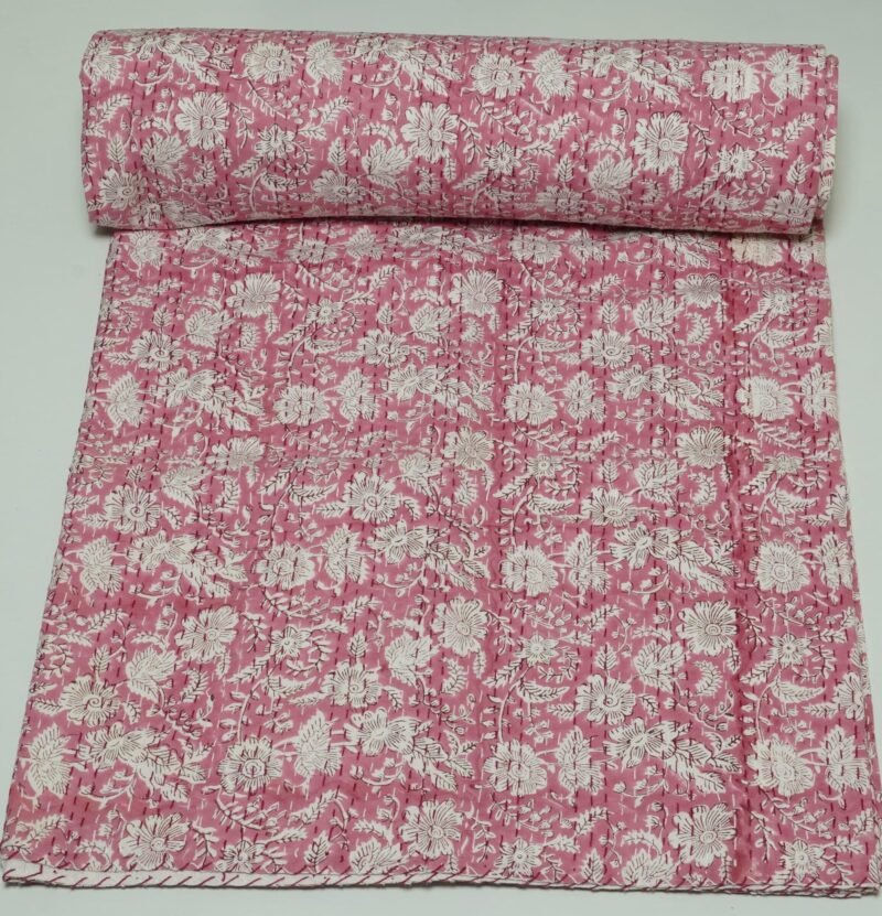 Pink Floral Block Print Kantha Quilt – Handmade Cotton Bedspread omradecor