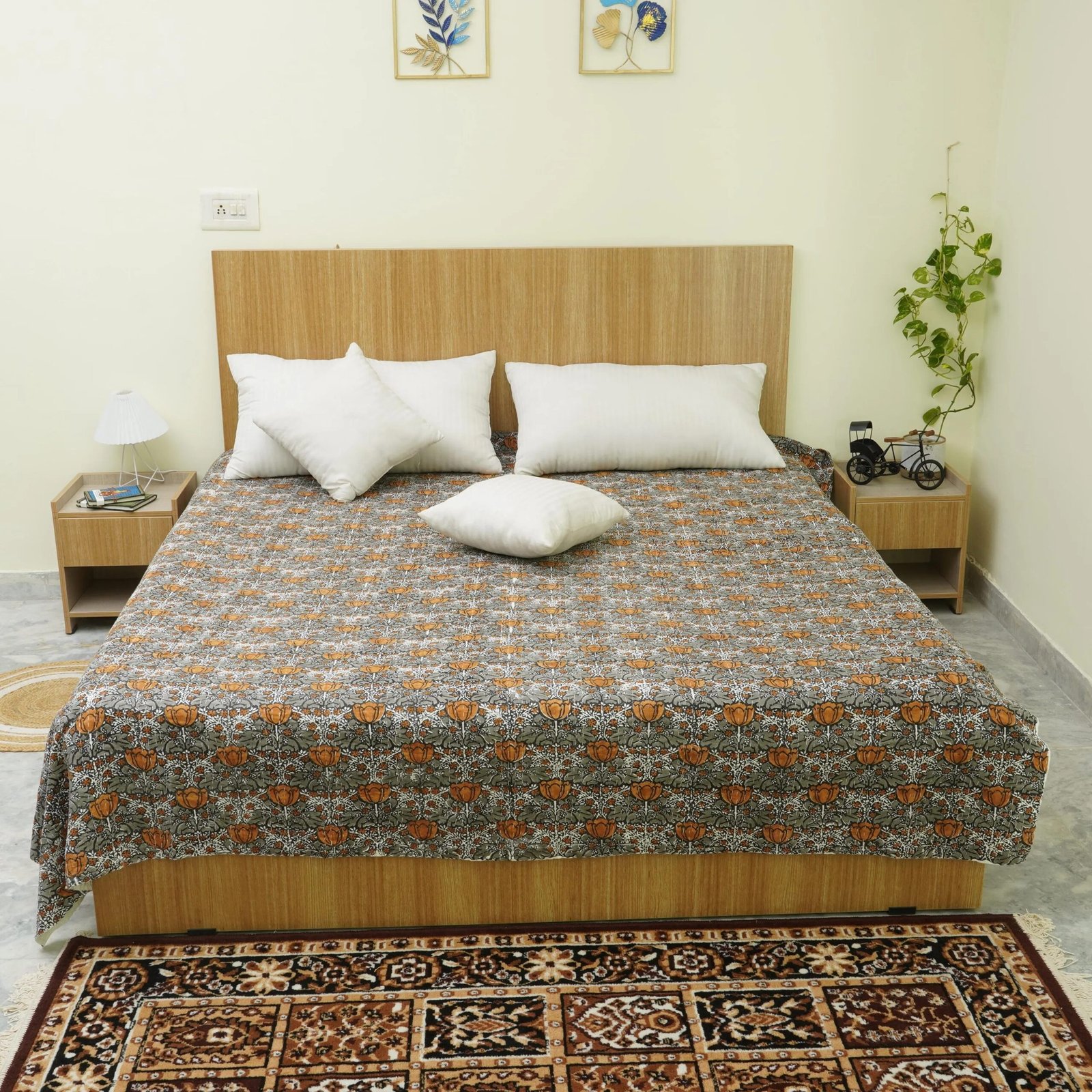 Block Print Indian Kantha Quilt With Olive Floral 1 Block Print Kantha Quilt With Olive Floral Handmade Cotton Boho Bedspread