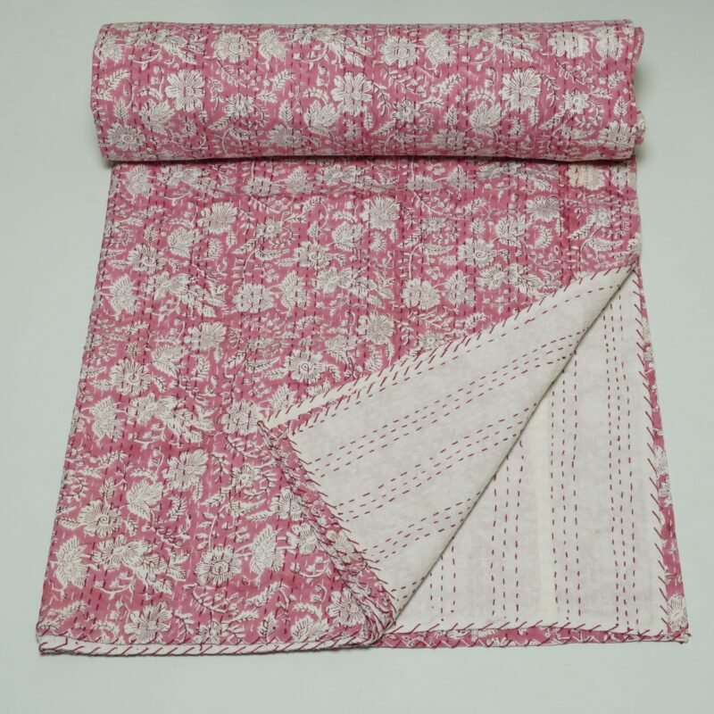 Pink Floral Block Print Kantha Quilt – Handmade Cotton Bedspread omradecor