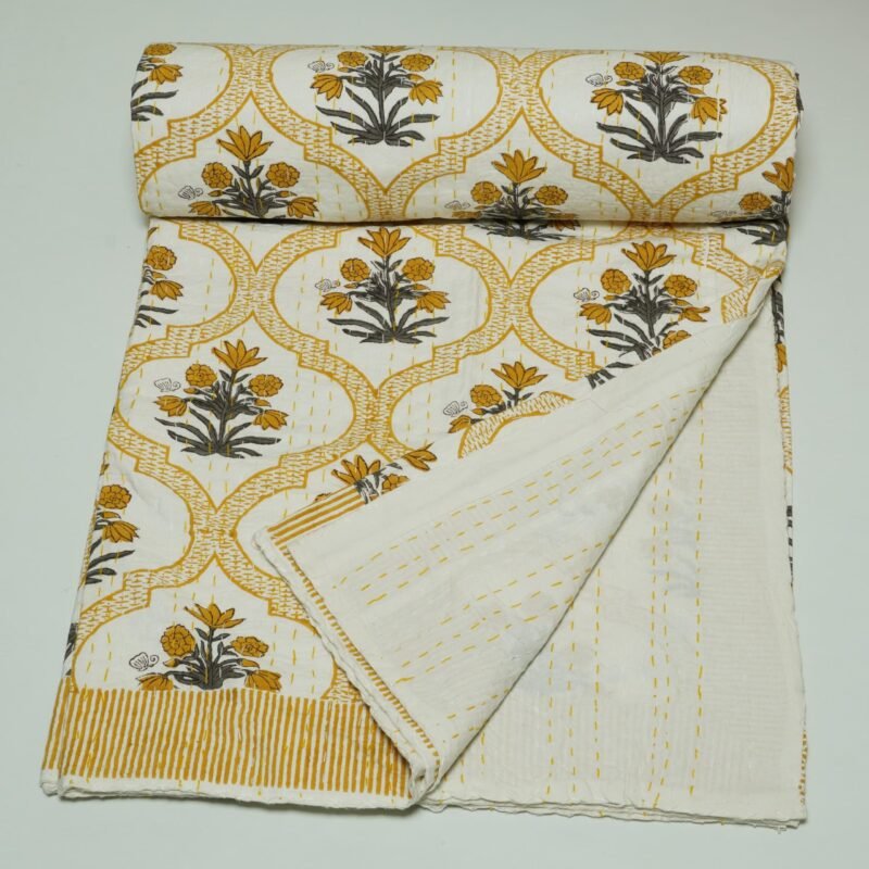 Hand Block Printed Kantha Stitch Cotton Quilt | Mustard Yellow Floral Design