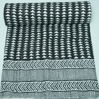 Black and white handmade Kantha quilt with geometric block print, pure cotton lightweight Indian bedding