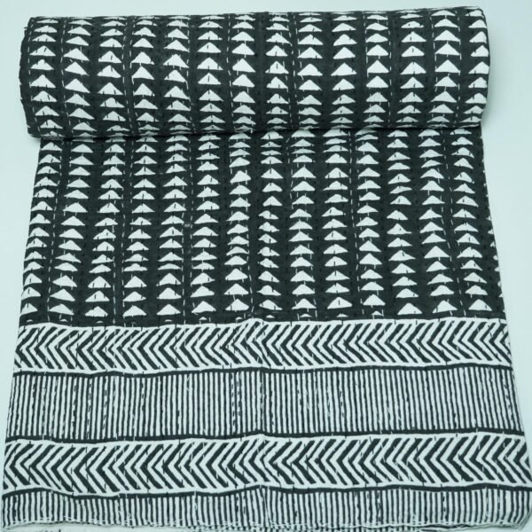 Black and white handmade Kantha quilt with geometric block print, pure cotton lightweight Indian bedding