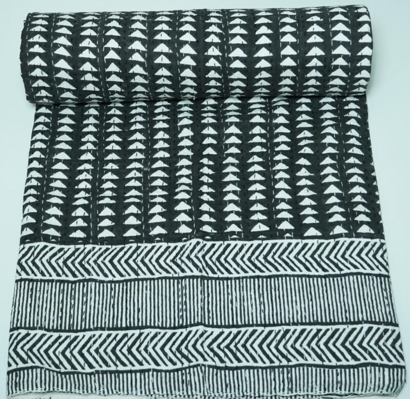 Black and white handmade Kantha quilt with geometric block print, pure cotton lightweight Indian bedding