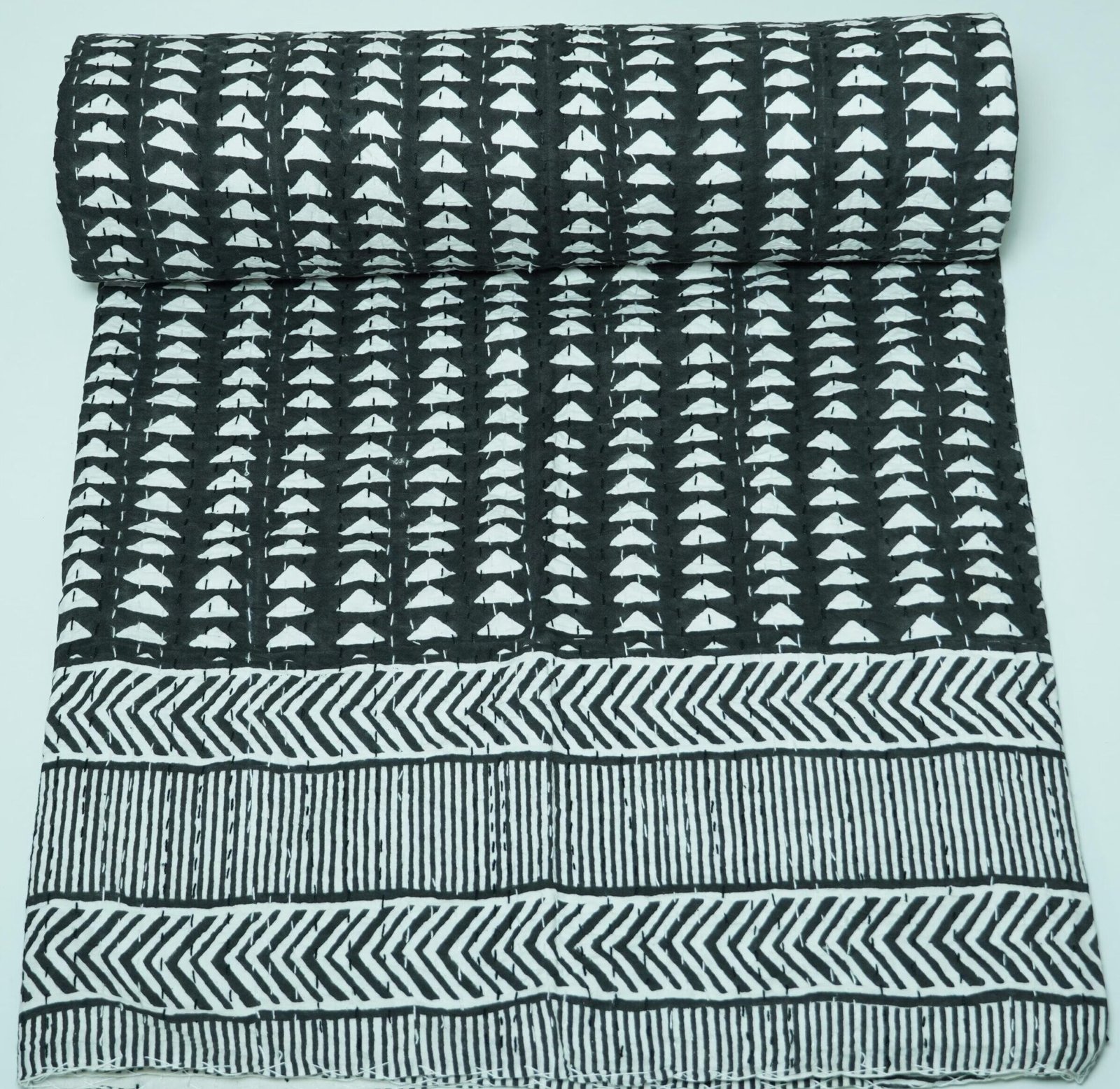 Black and white handmade Kantha quilt with geometric block print, pure cotton lightweight Indian bedding