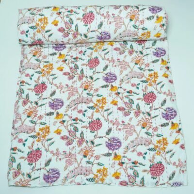 White Floral Block Print Kantha Quilt Handmade Cotton Boho Bedspread