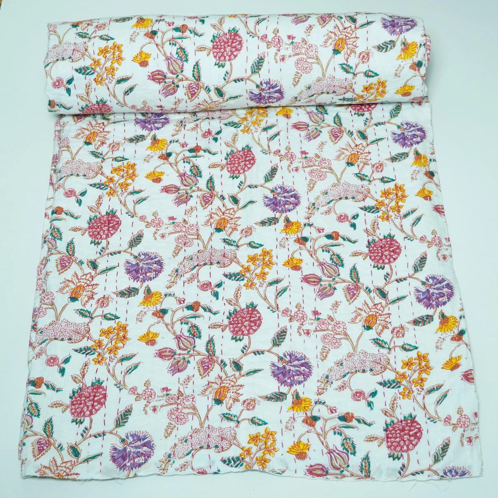 White Floral Block Print Kantha Quilt Handmade Cotton Boho Bedspread