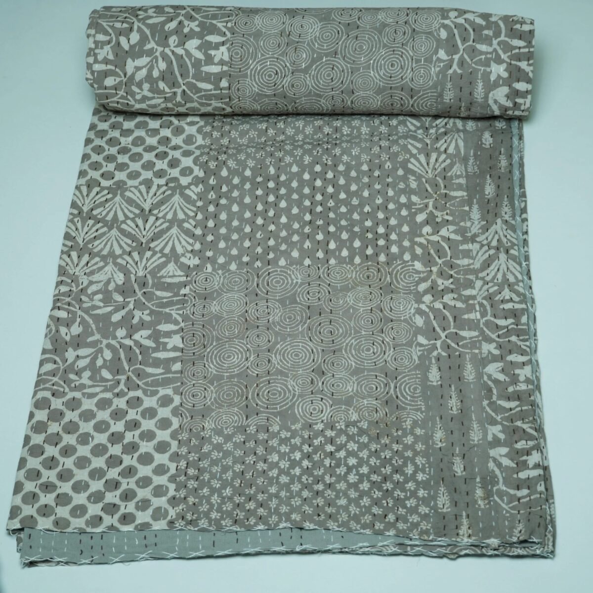 Grey Block Print Kantha Quilt Handmade Cotton