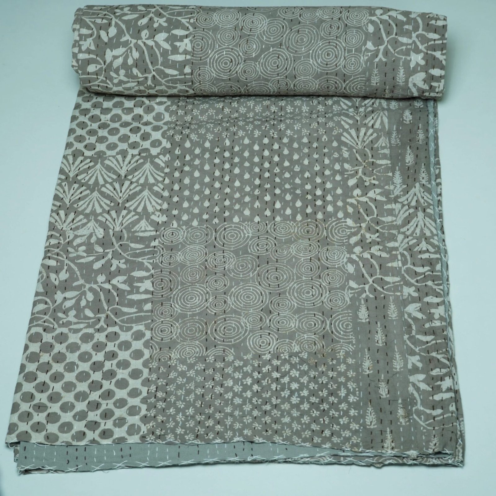 Grey Block Print Kantha Quilt Handmade Cotton