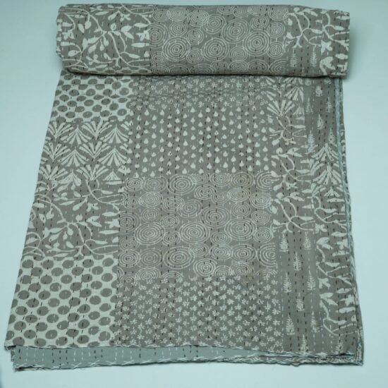 Grey Block Print Kantha Quilt Handmade Cotton