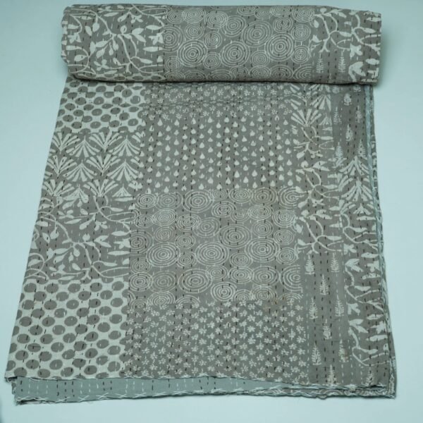 Grey Block Print Kantha Quilt Handmade Cotton
