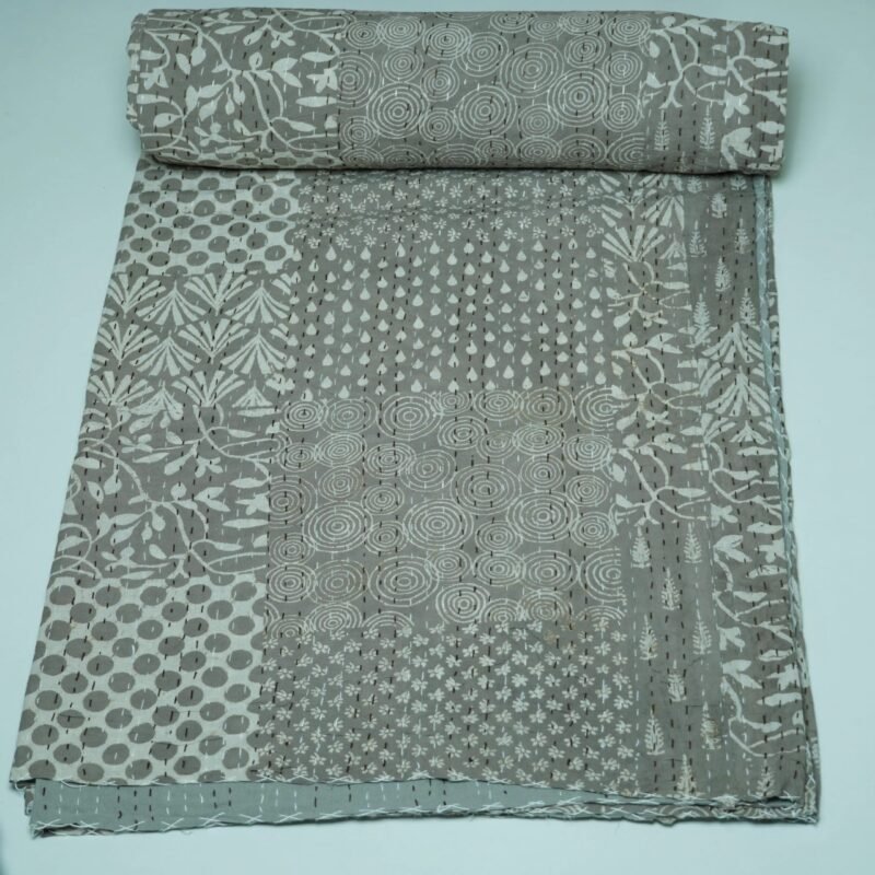 Grey Block Print Kantha Quilt Handmade Cotton