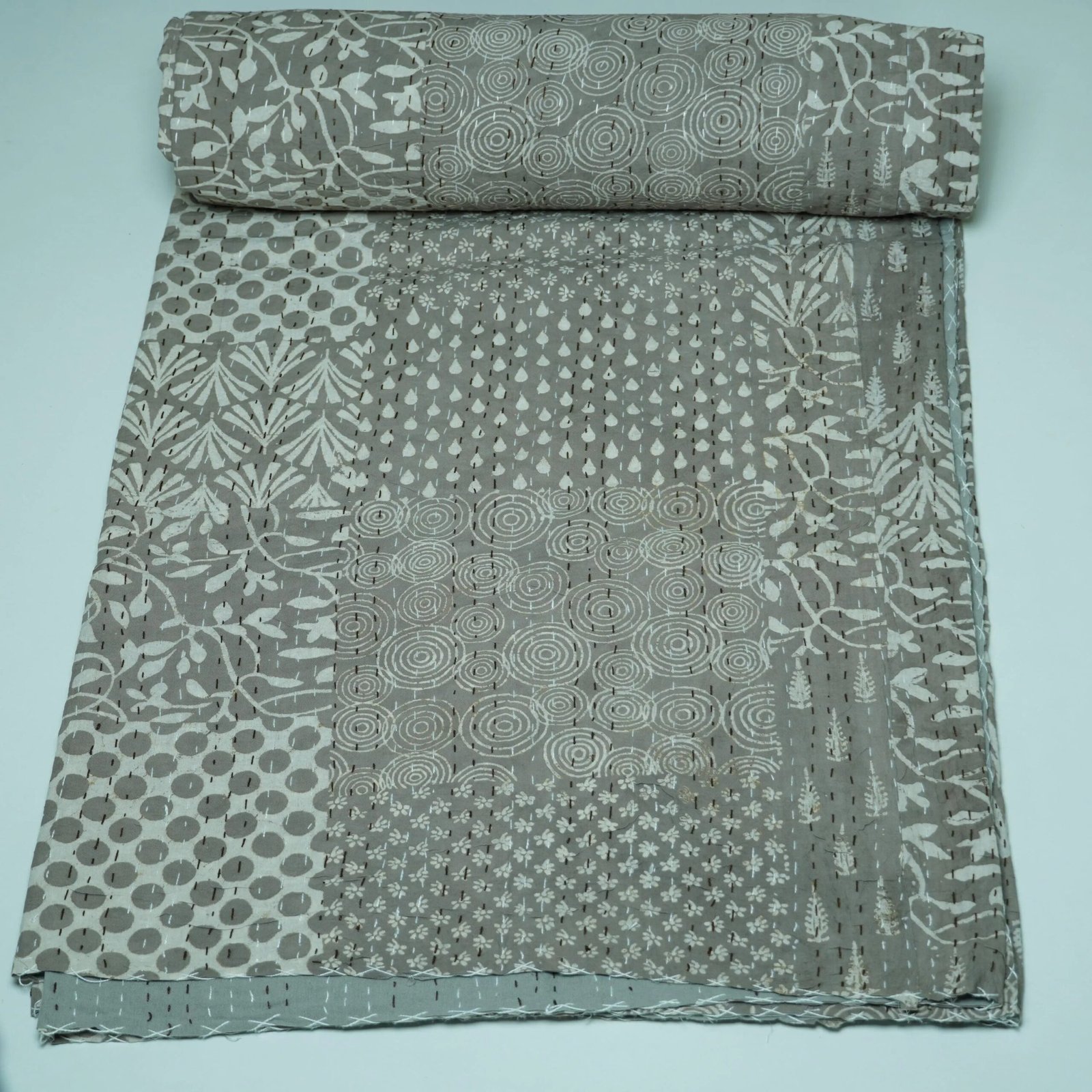 Grey Block Print Kantha Quilt Handmade Cotton
