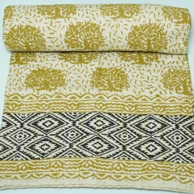 Mustard Yellow Kantha Quilt – Handmade Cotton Block Print Bedding