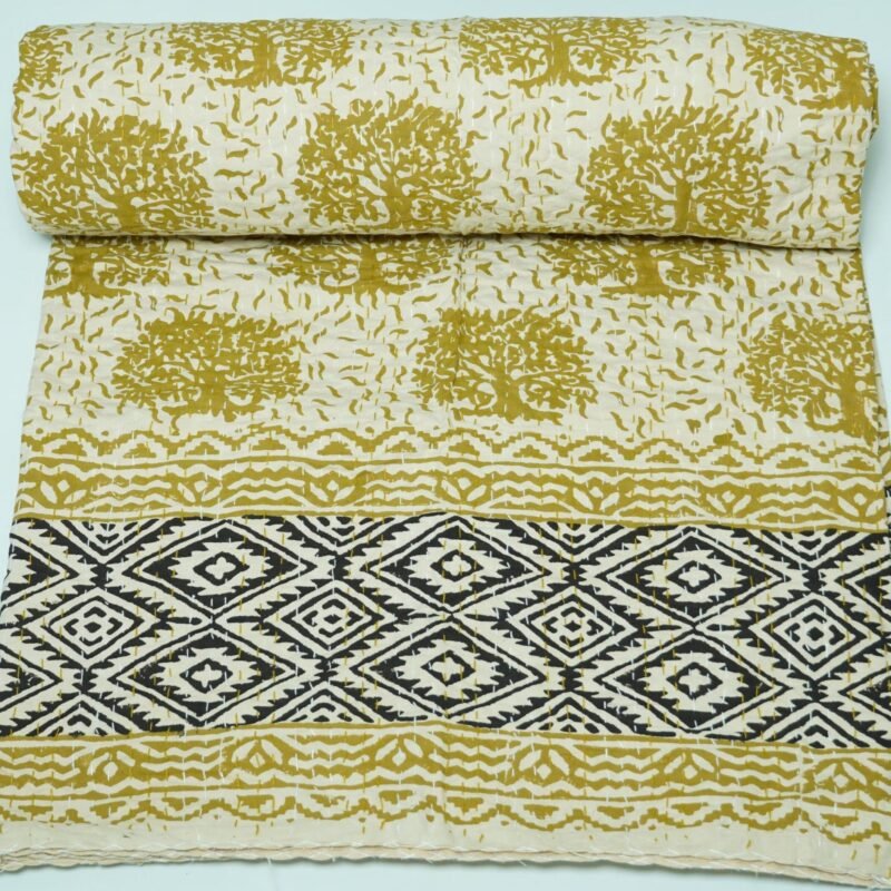 Mustard Yellow Kantha Quilt – Handmade Cotton Block Print Bedding