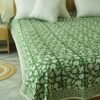 Green floral block print kantha quilt with white flower motifs, hand stitched cotton quilt, handmade Indian boho bedspread
