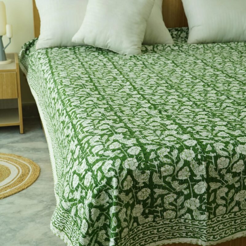 Green floral block print kantha quilt with white flower motifs, hand stitched cotton quilt, handmade Indian boho bedspread