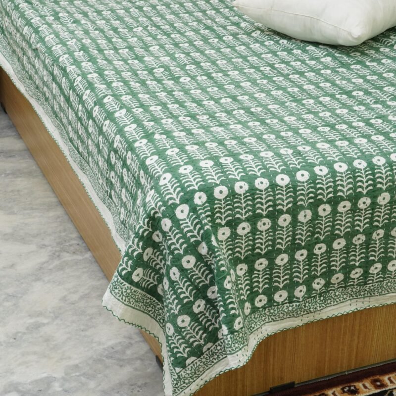 Green Block Print Kantha Quilt – Handmade Pure Cotton Reversible Bedspread omradecor