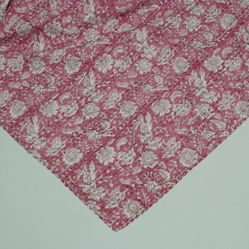 Pink Floral Block Print Kantha Quilt – Handmade Cotton Bedspread omradecor