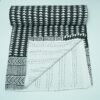 Black and white handmade Kantha quilt with geometric block print, pure cotton lightweight Indian beddingn
