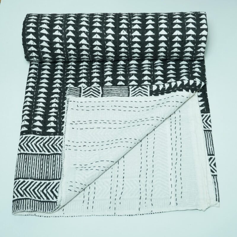 Black and white handmade Kantha quilt with geometric block print, pure cotton lightweight Indian beddingn