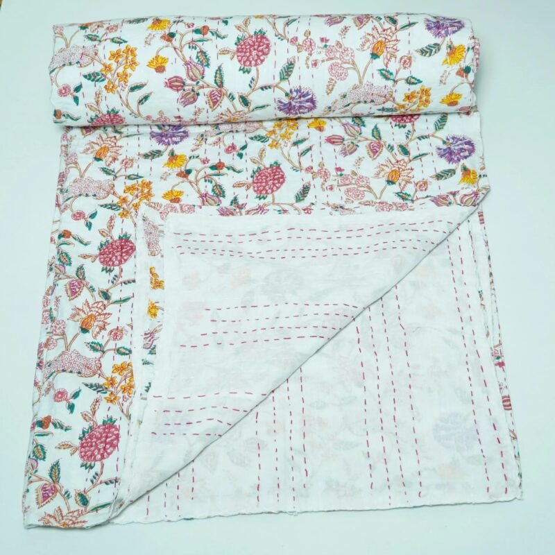 White floral block print kantha quilt with multicolor flowers, hand stitched cotton bedspread, lightweight handmade Indian boho quilt