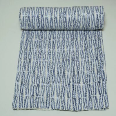 Blue Block Print Kantha Fabric – Handmade Cotton Quilt Material