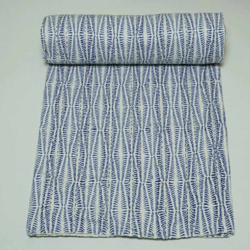 Blue Block Print Kantha Fabric – Handmade Cotton Quilt Material