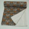 Olive floral block print kantha quilt with rust orange flowers, hand stitched cotton quilt, handmade Indian boho bedspread