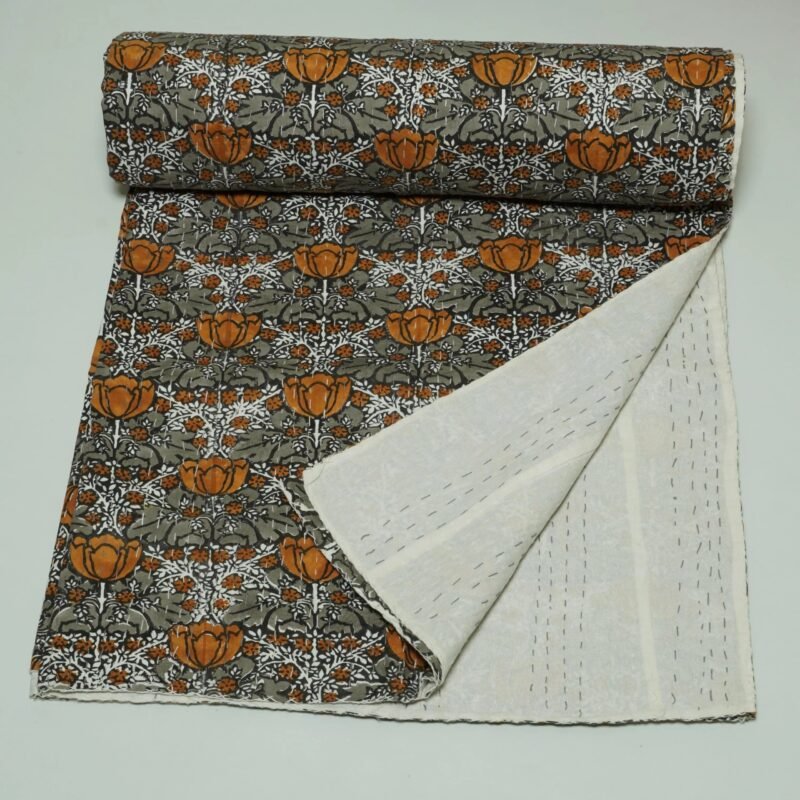 Olive floral block print kantha quilt with rust orange flowers, hand stitched cotton quilt, handmade Indian boho bedspread
