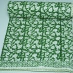 Green Floral Block Print Kantha Quilt Handmade Cotton Boho Bedspread