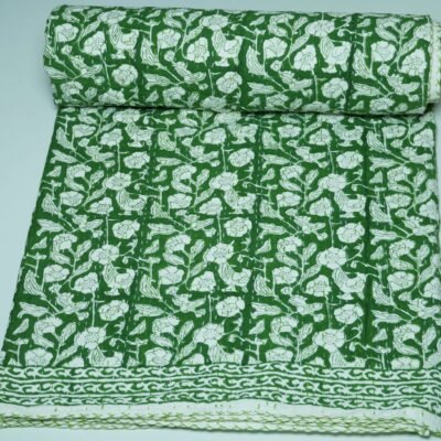Green Floral Block Print Kantha Quilt Handmade Cotton Boho Bedspread